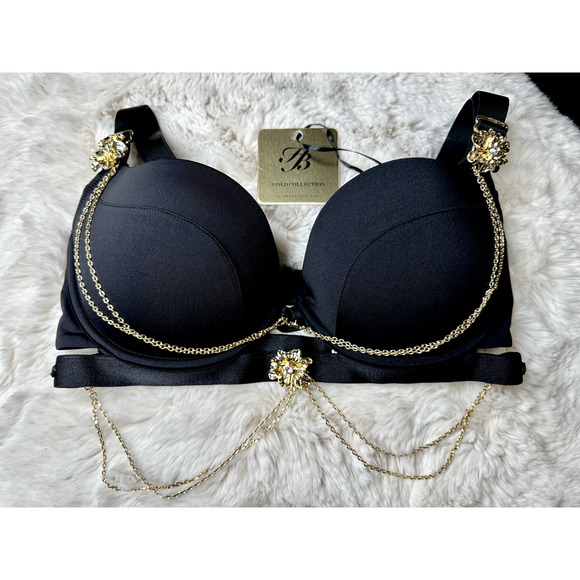 Honey Birdette RONEET🖤 Black & Gold Floral Chain Push Up Bra 32B - Picture 2 of 4